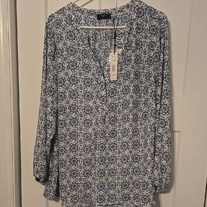 Tahari White and Blue Buttoned Tunic with Mandarin Collar